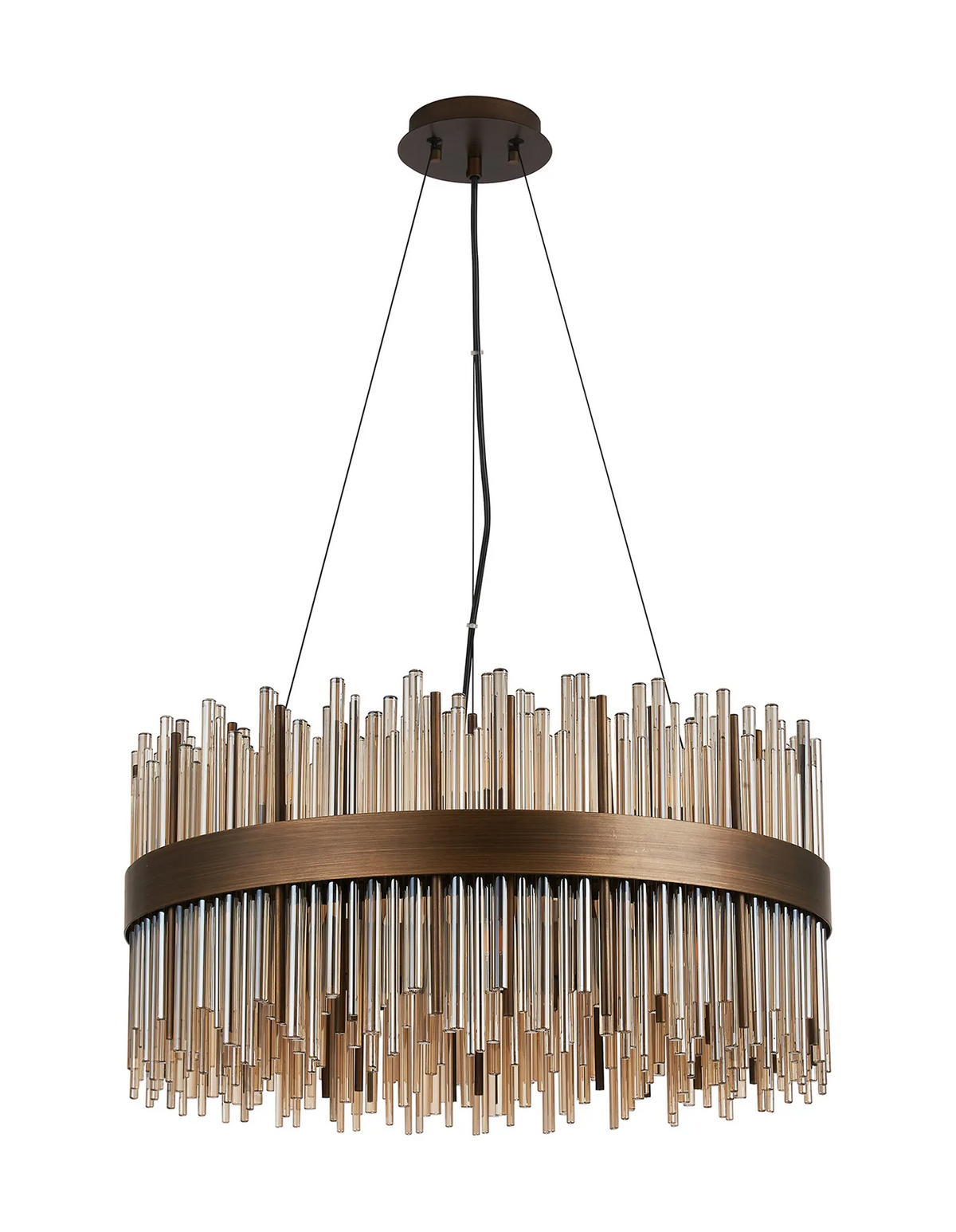 Round chandelier with bronze frame and amber glass rods