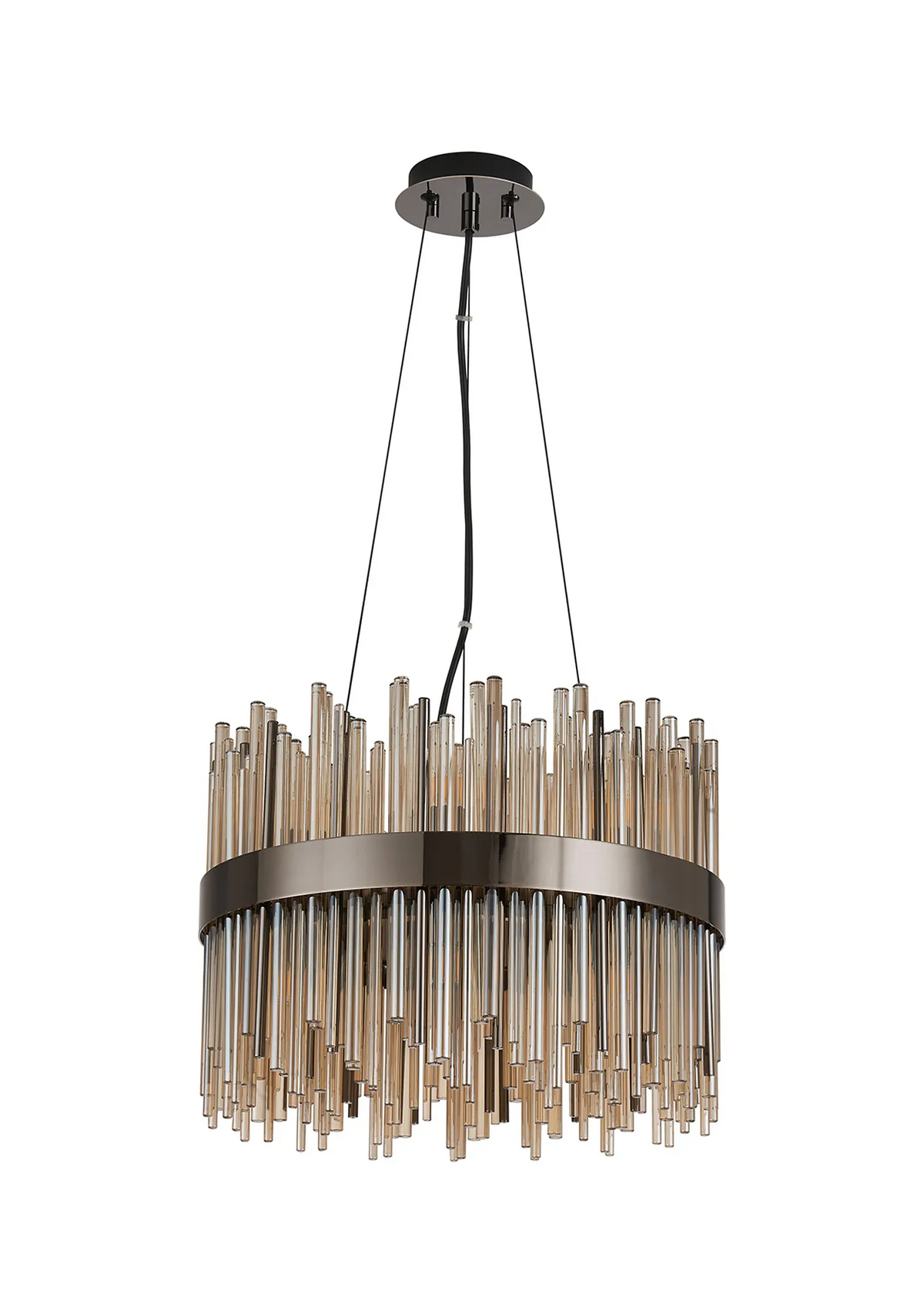 Round chandelier with a dark metal frame and amber glass rods of varying lengths