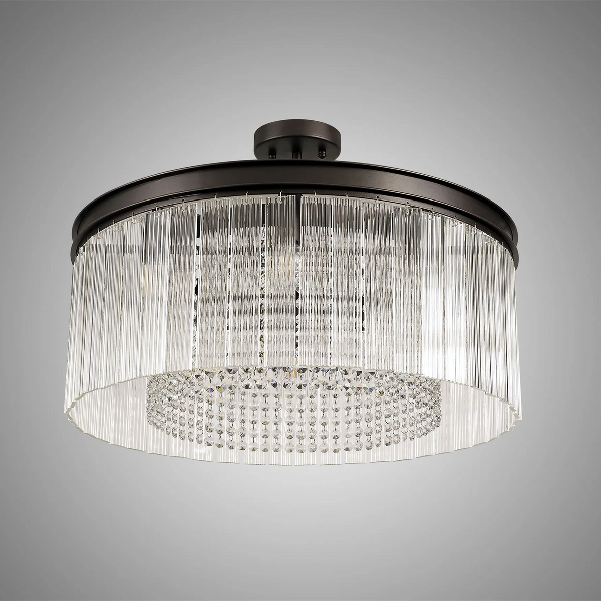 Beesands 600mm Pendant or Semi Flush in Brown Oxide with Clear Fluted Glass and Crystals