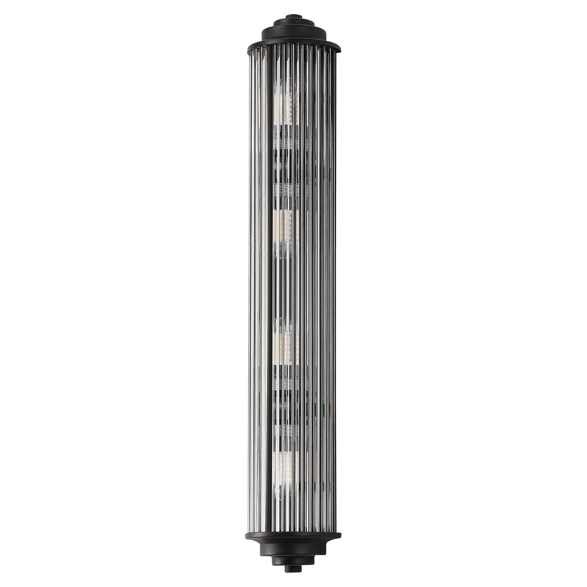 Black and chrome cylindrical wall sconce with vertical ribbed glass and exposed bulbs