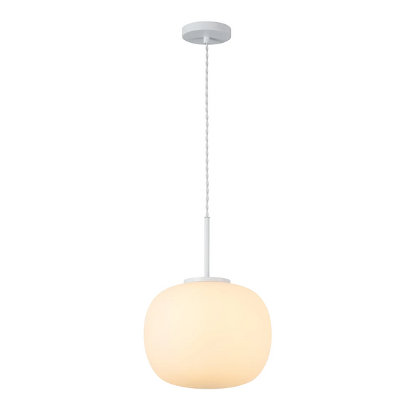 Milton Medium Oval Ball Pendant in Satin White & Frosted White Shade by Lumiere