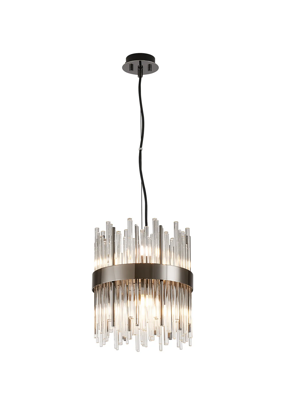 Round chandelier with a dark metal band and clear glass rods hanging at varying lengths