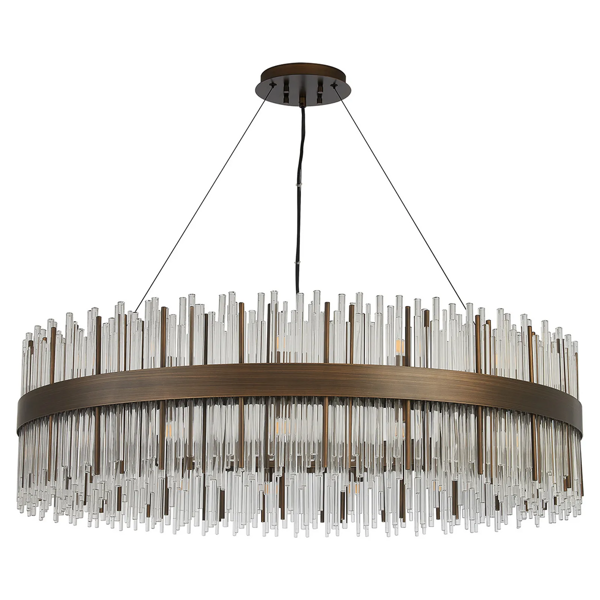 Round chandelier with bronze frame and clear glass rods