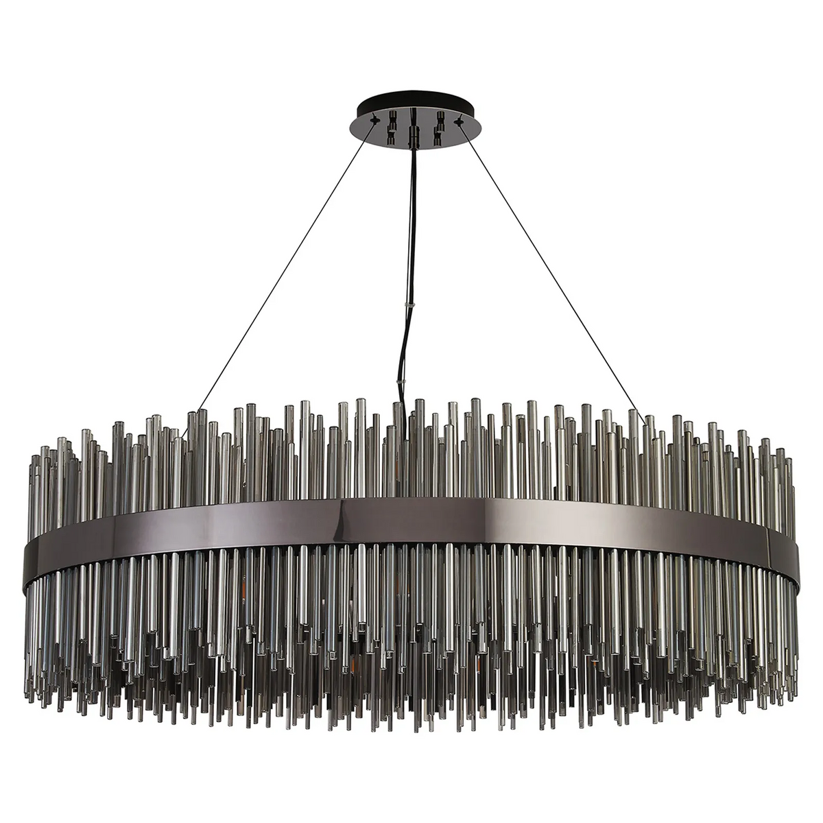 Oval chandelier with dark metal frame and clear glass rods