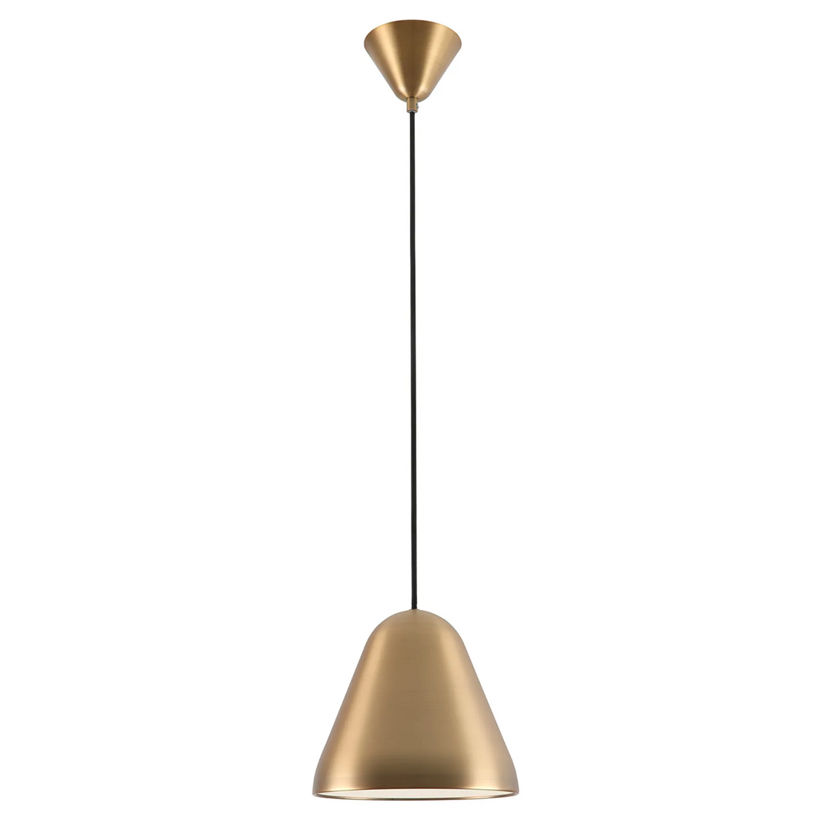 Brass pendant light with a conical shade and a black cord