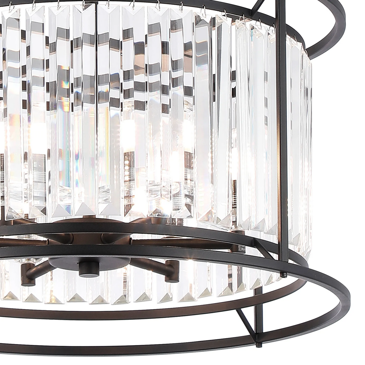 Close up of a black metal chandelier with clear rectangular crystal accents