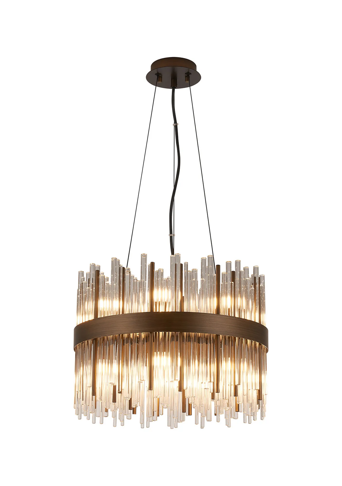 Round chandelier with bronze frame and clear glass rods