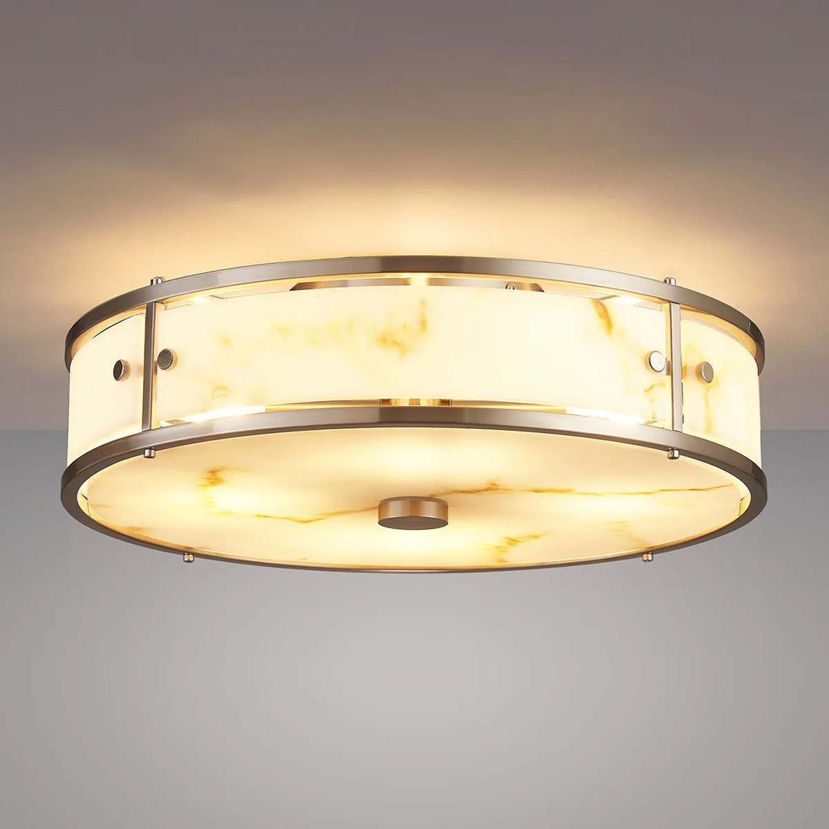 Scarva IP44 400mm Round Ceiling Light in Satin Nickel with Brown Faux Alabaster