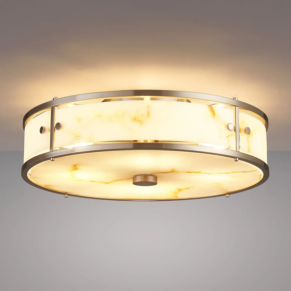 Scarva IP44 400mm Round Ceiling Light in Satin Nickel with Brown Faux Alabaster