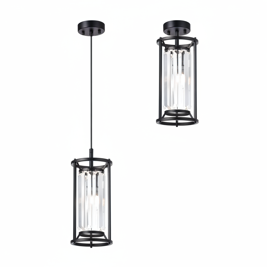 Two black and clear crystal pendant lights, one hanging and one flush mount