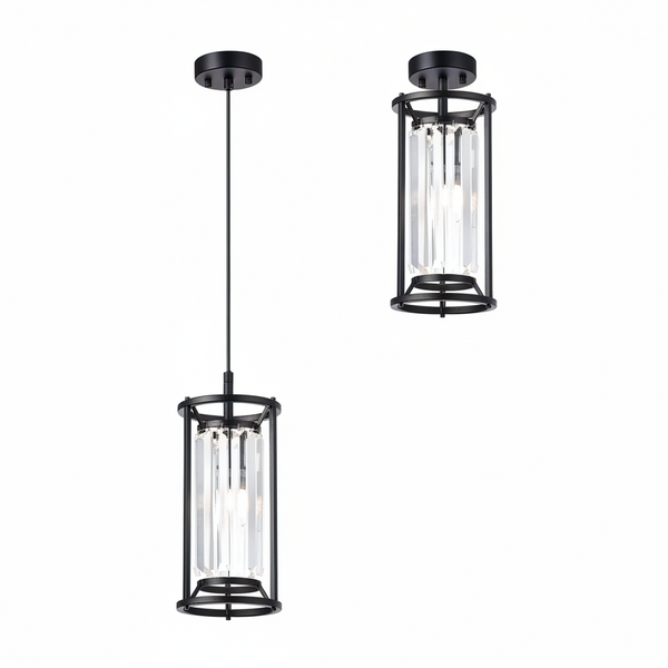 Two black and clear crystal pendant lights, one hanging and one flush mount