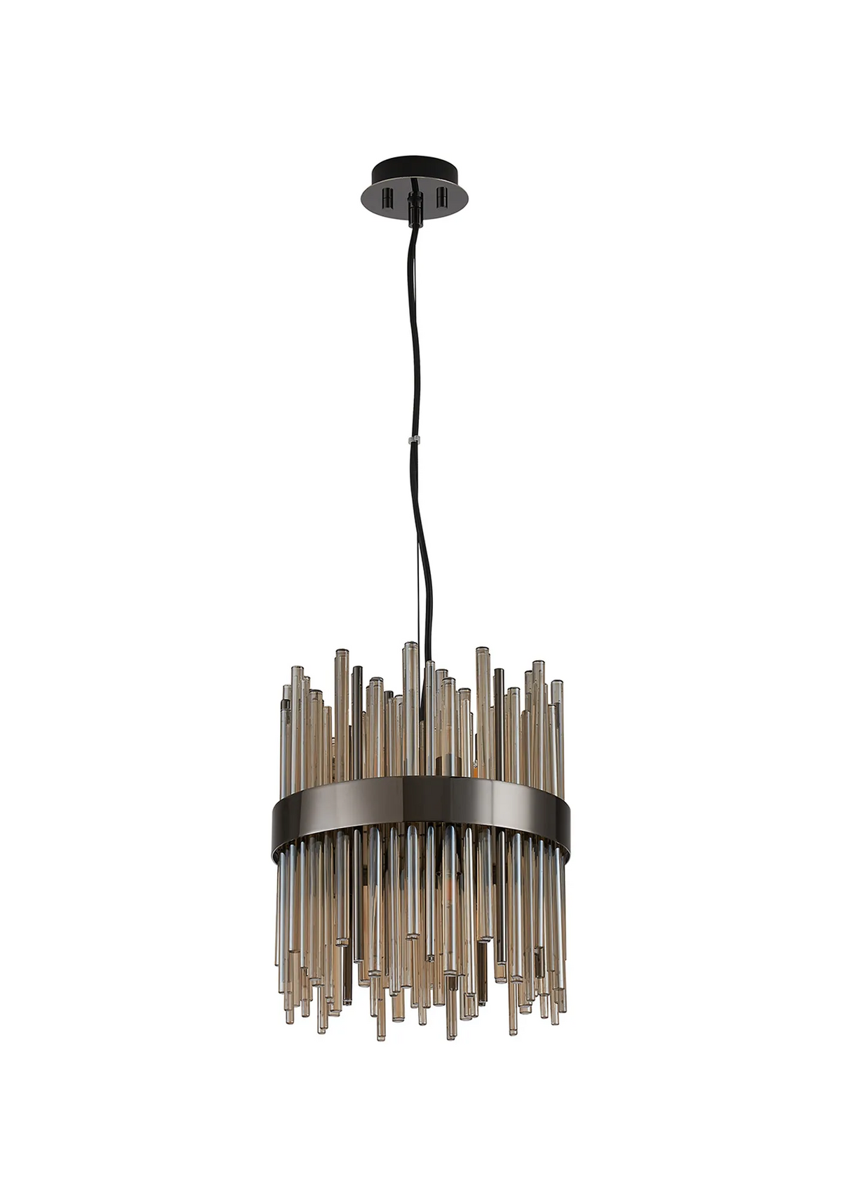 Round chandelier with a dark metal frame and numerous clear glass rods hanging vertically