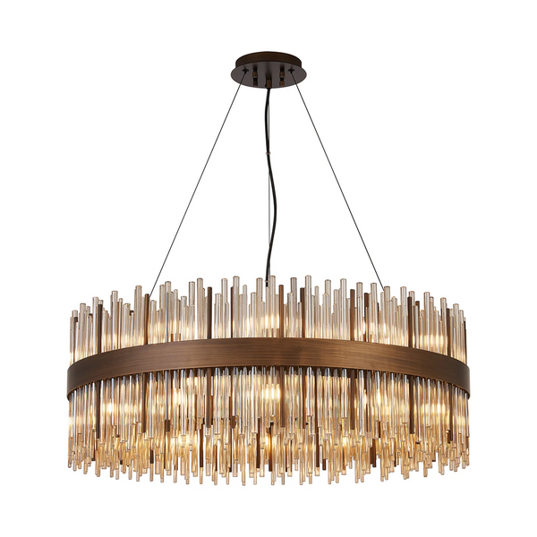 Round chandelier with bronze frame and clear glass rods, illuminated with warm light