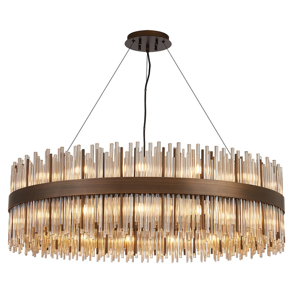 Round chandelier with bronze frame and multiple clear glass rods