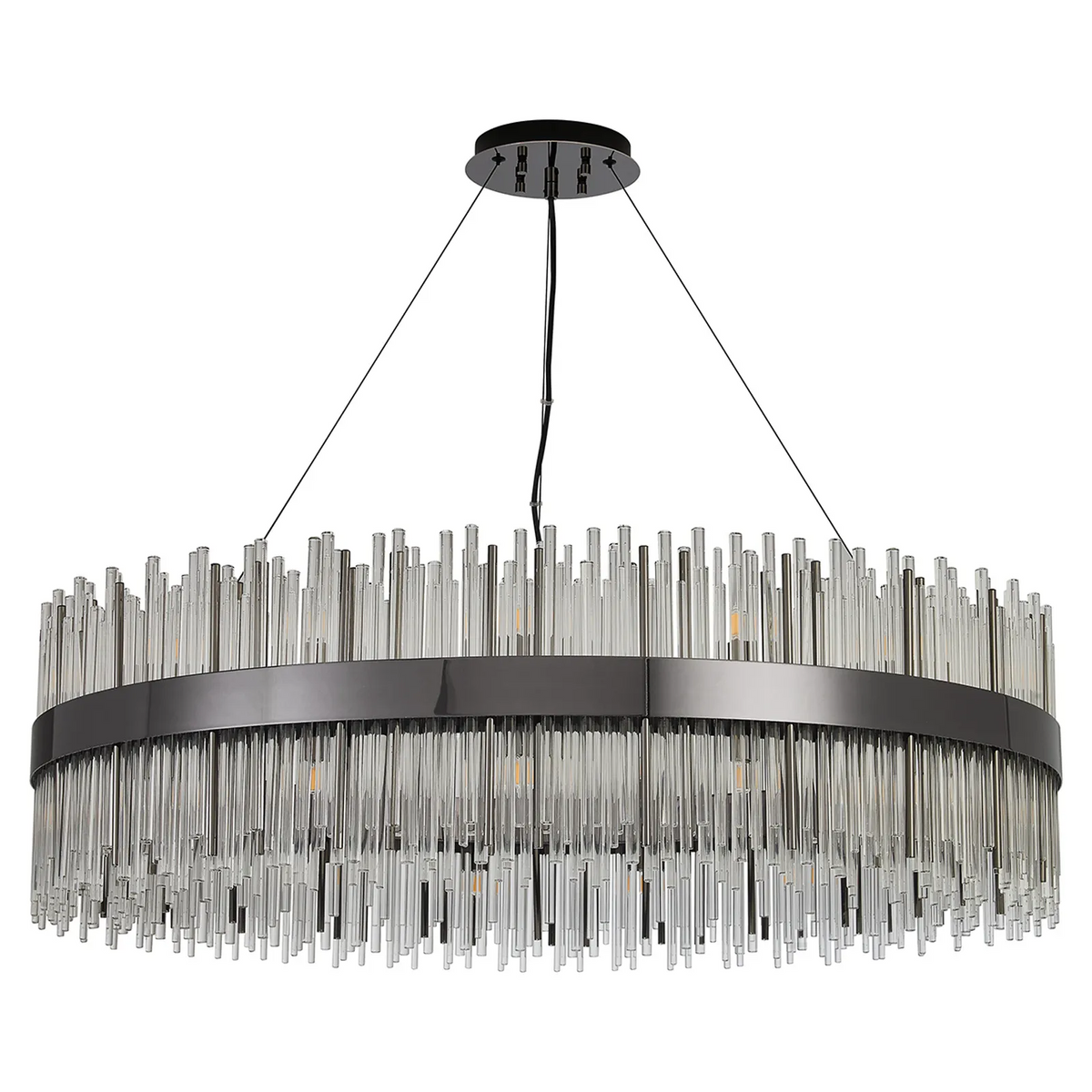 Oval chandelier with a dark metal frame and clear glass rods hanging at varying lengths