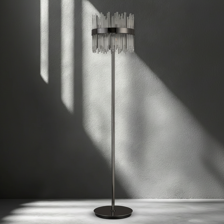 Eckington Floor Lamp in Black Chrome with Clear Glass Rods