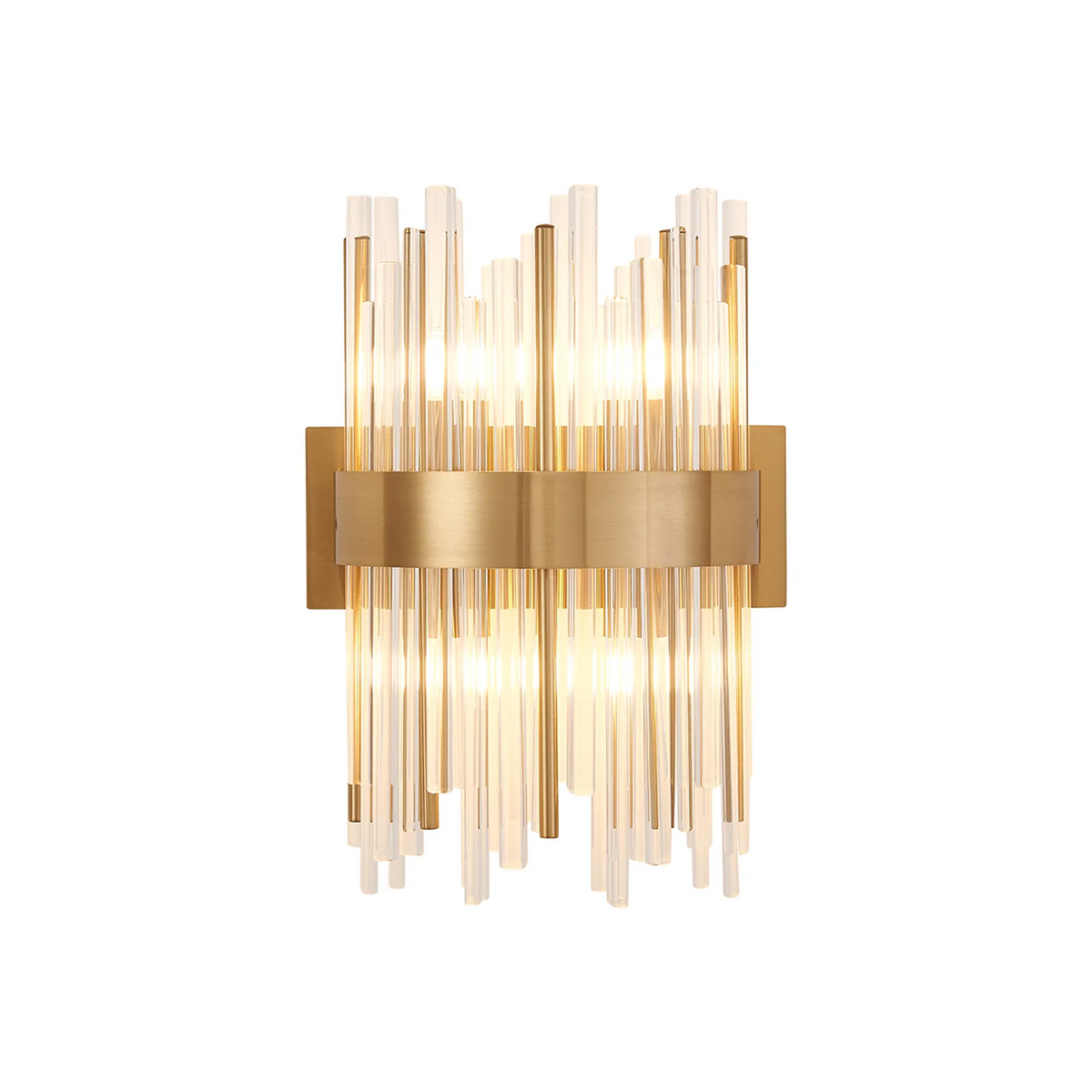 Brass wall sconce with vertical clear and gold glass rods