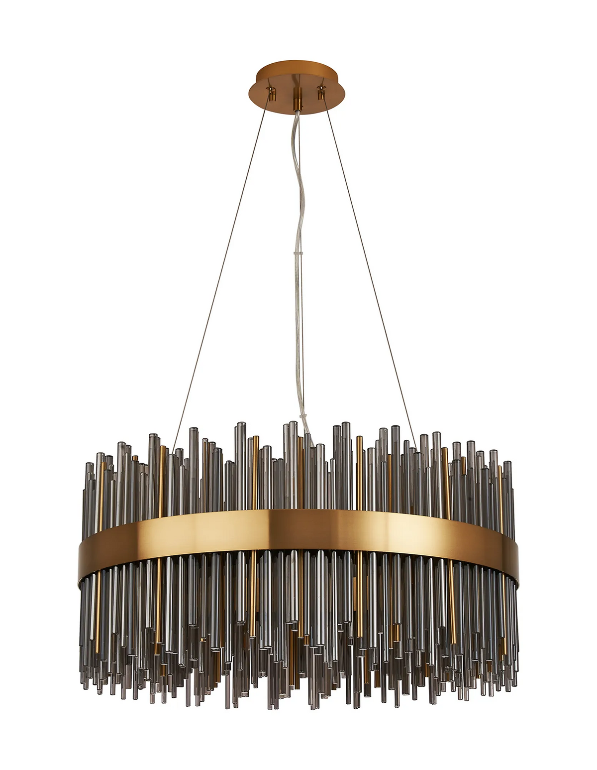 Round chandelier with a gold band and clear and gold glass rods
