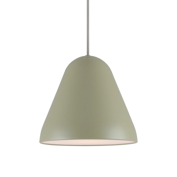 Green pendant light with a conical shade and a white interior, hanging from a light grey cord