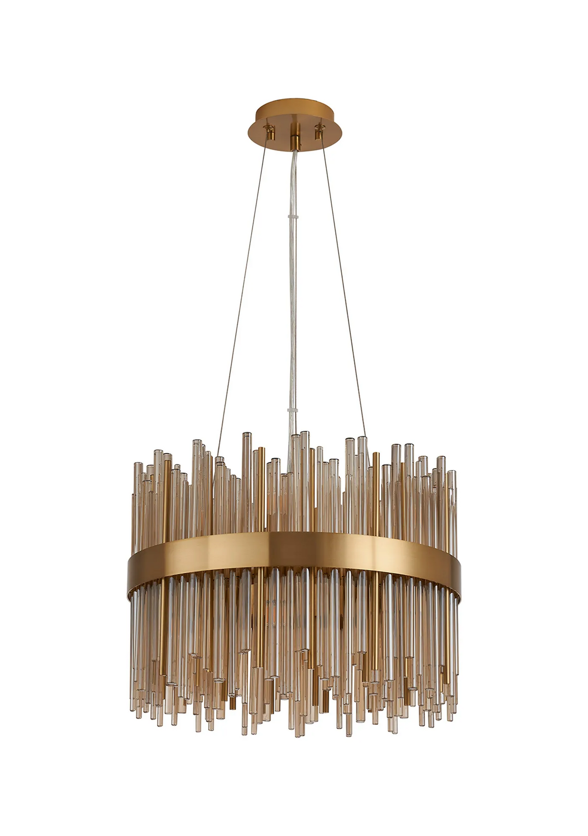Gold chandelier with clear and amber glass rods