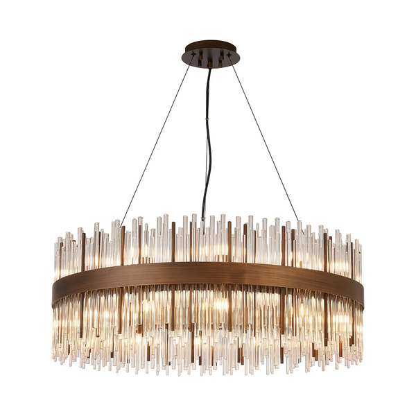 Round chandelier with bronze frame and clear glass rods, illuminated on a white background