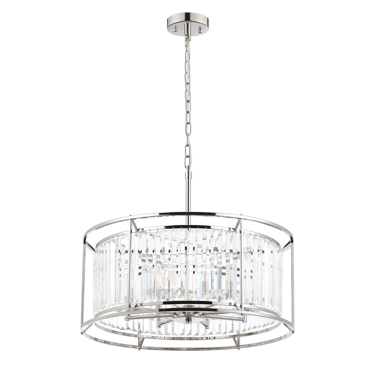 Round chrome chandelier with hanging rectangular crystal accents