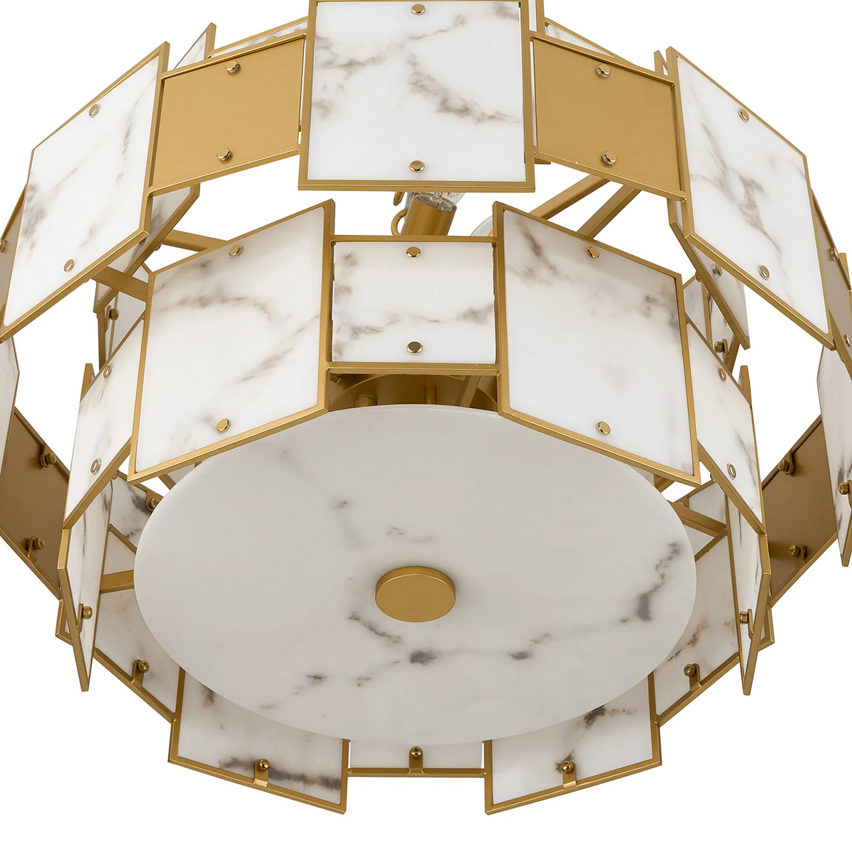 Gold and white marble chandelier with square panels