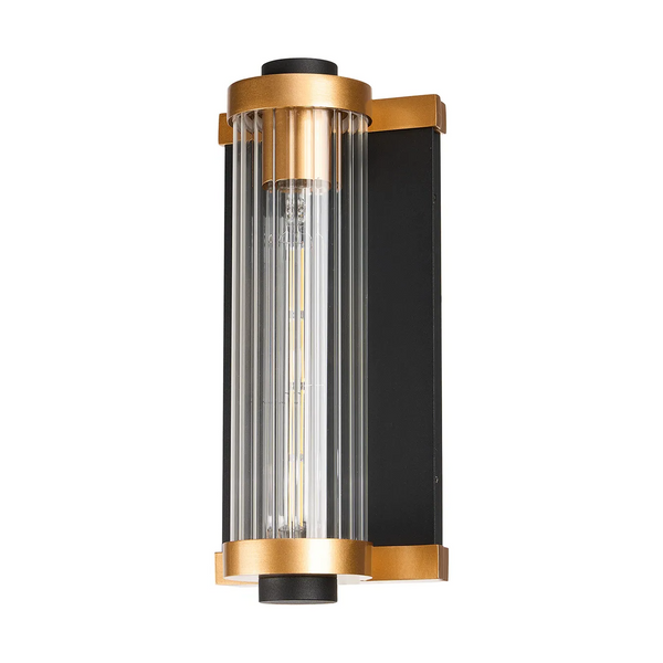Beeley IP54 Wall Light in Black & Gold with Ribbed Glass Shade