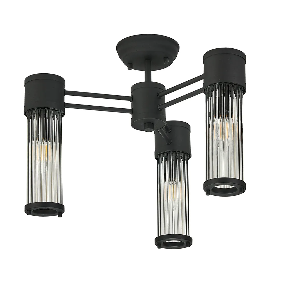Tansley E14 IP44 Three Light Semi Flush Ceiling Light in Satin Black with Clear Glass Rods