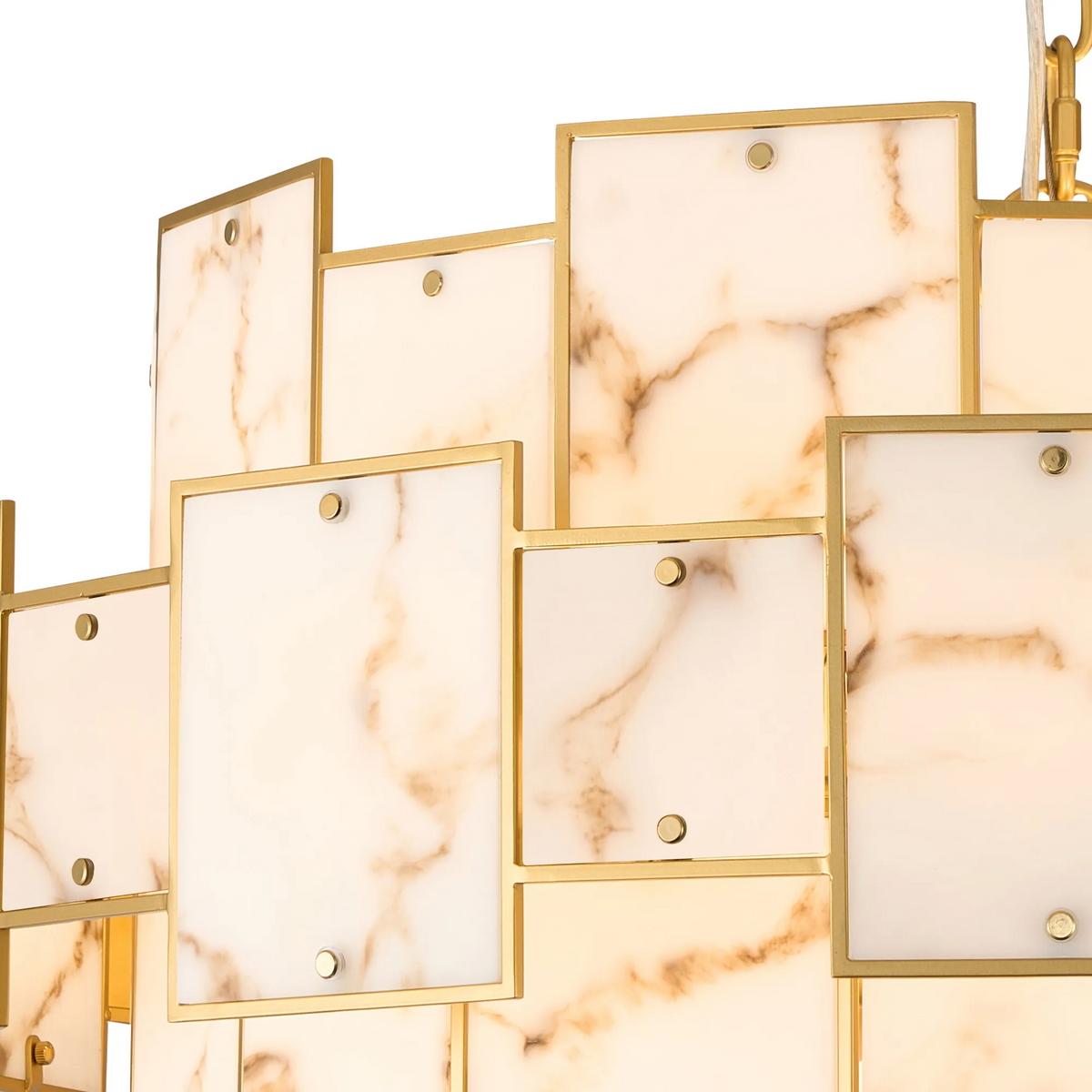 Close-up of a chandelier with rectangular alabaster panels framed in gold, showing intricate veining