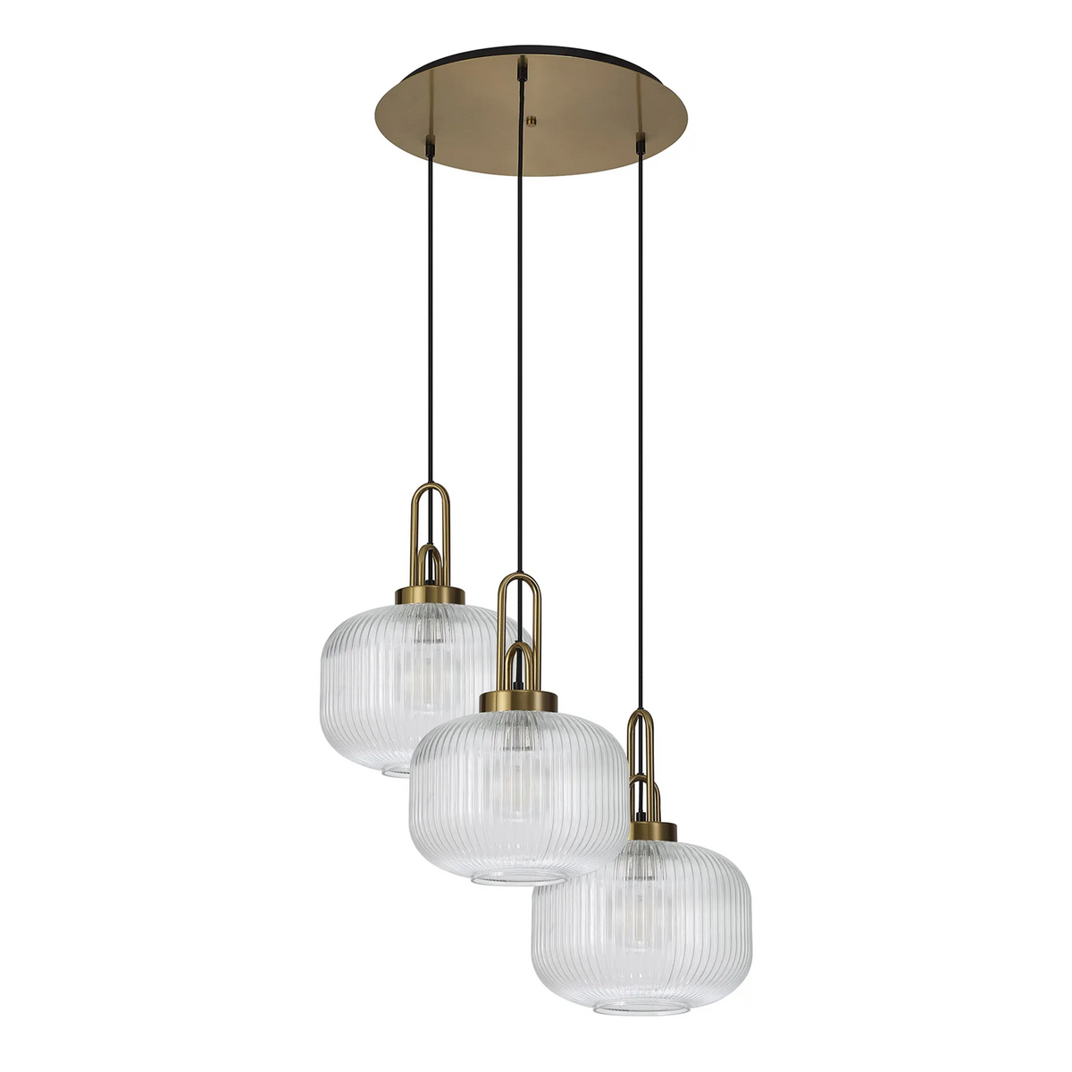 Atherington Pumpkin 3 Drop Pendant in Brass Gold with Ribbed Clear Shade