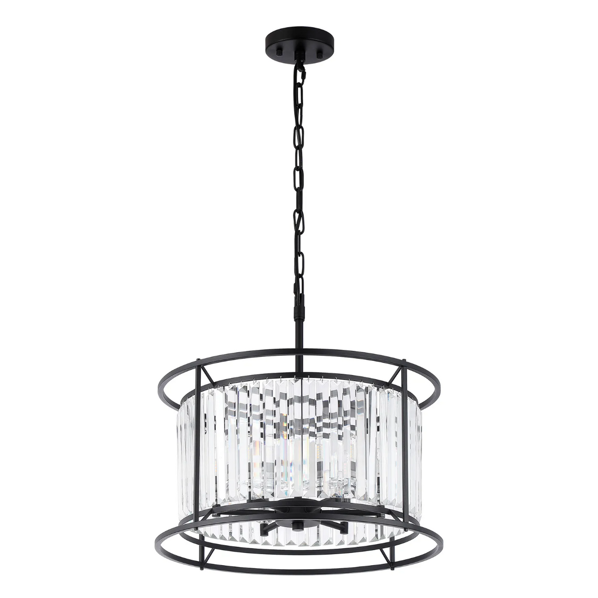 Black metal chandelier with clear rectangular crystal accents