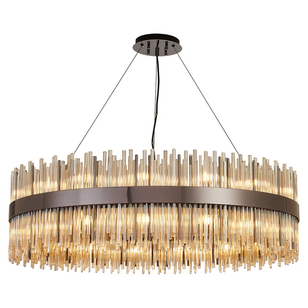 Oval chandelier with a dark metal frame and multiple vertical glass rods illuminated from within