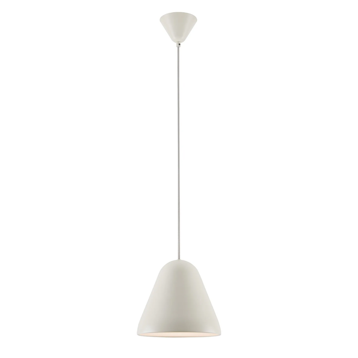 White pendant light with a conical shade and a white ceiling rose