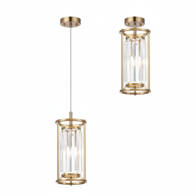 Two gold and crystal pendant lights, one hanging and one flush mount