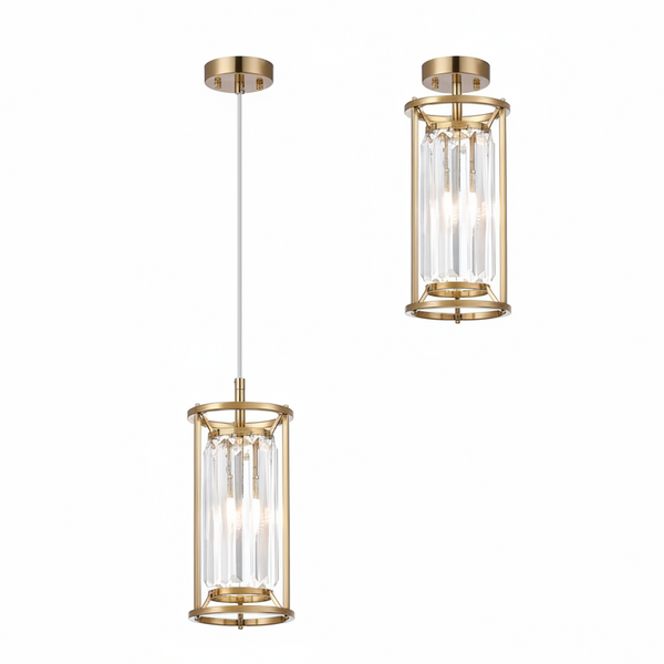 Two gold and crystal pendant lights, one hanging and one flush mount