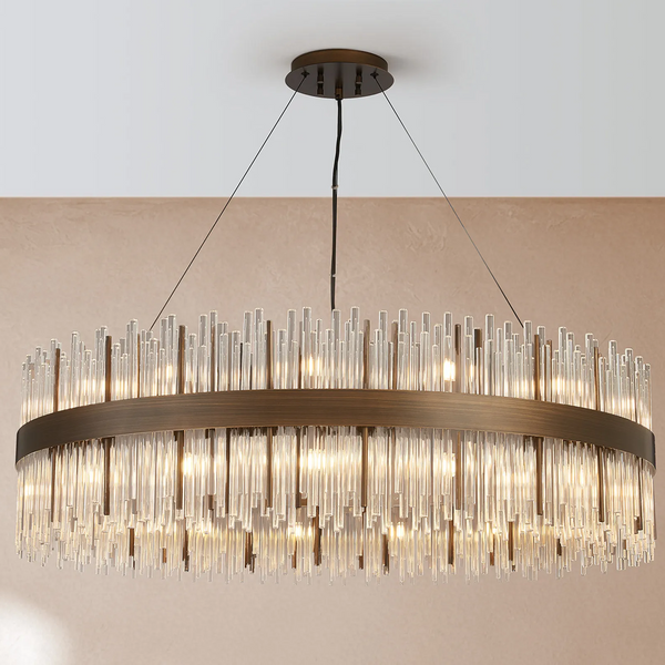 Round chandelier with bronze frame and clear glass rods
