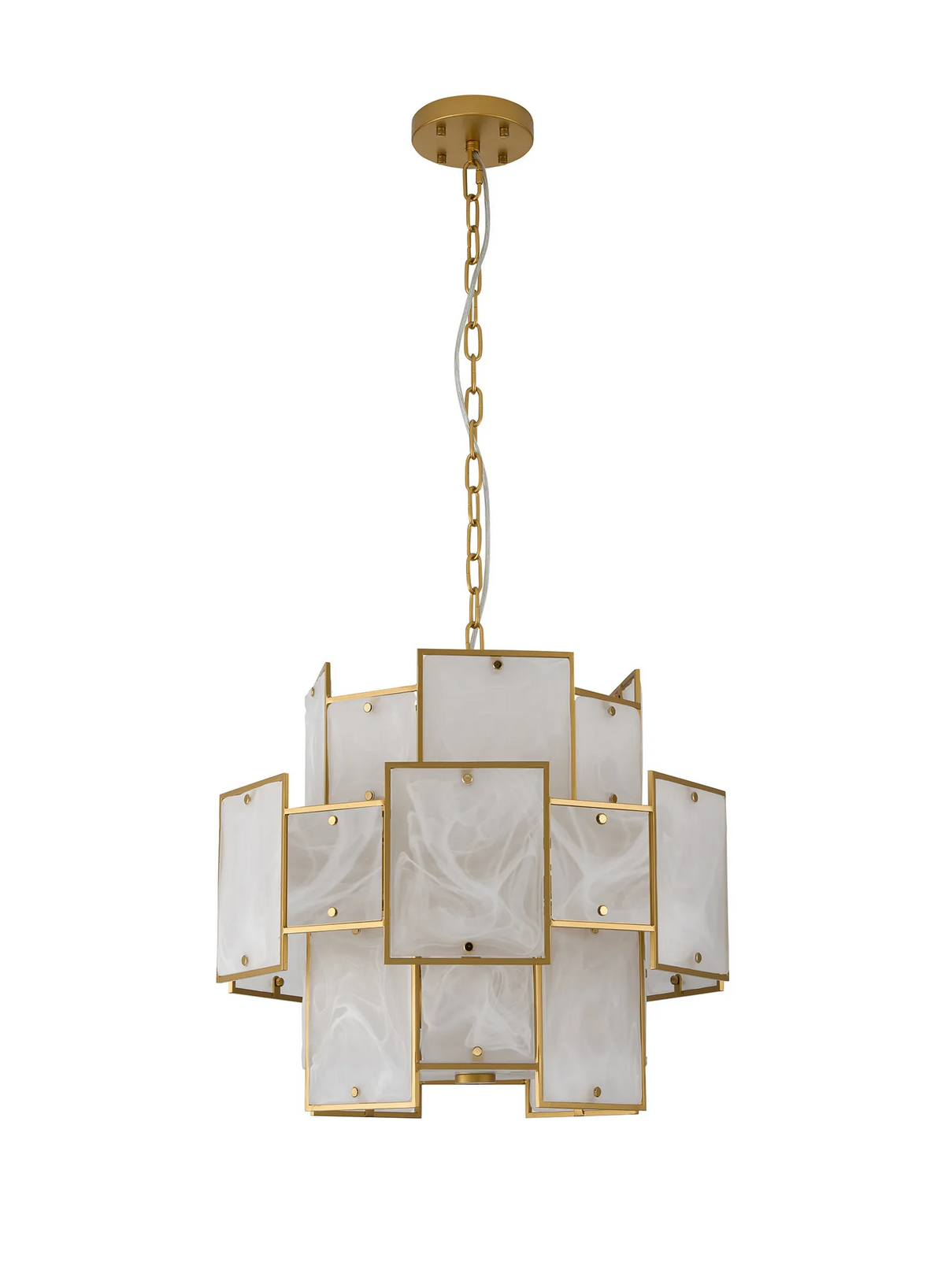 Gold chandelier with rectangular white marble-effect panels