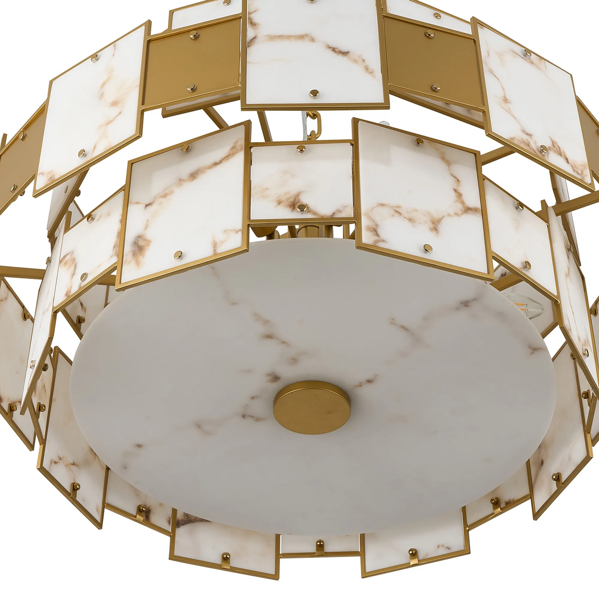 Gold and white marble chandelier with square panels
