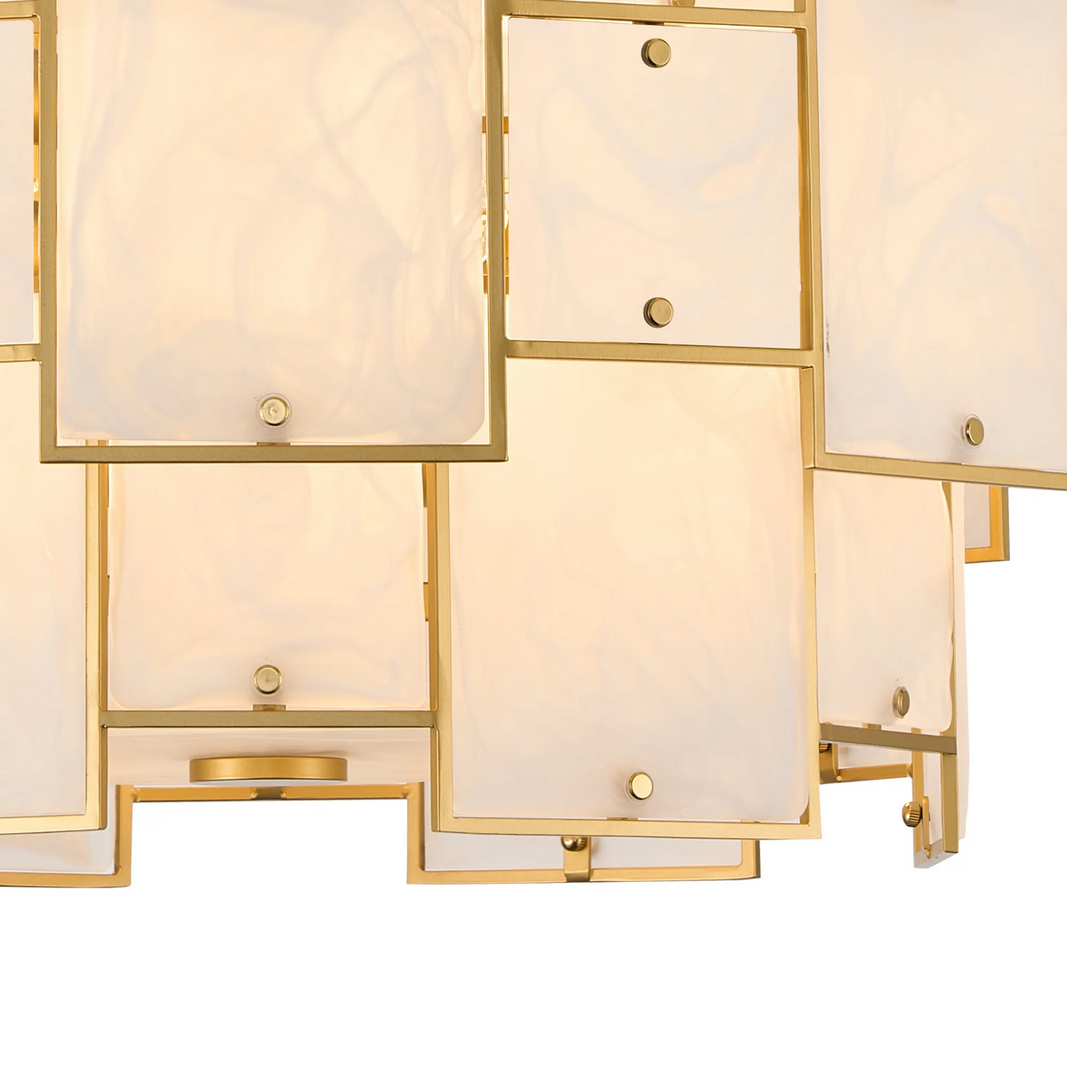 Close up of a gold chandelier with rectangular white alabaster panels