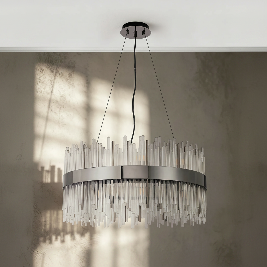Round chandelier with clear glass rods and a dark metal band