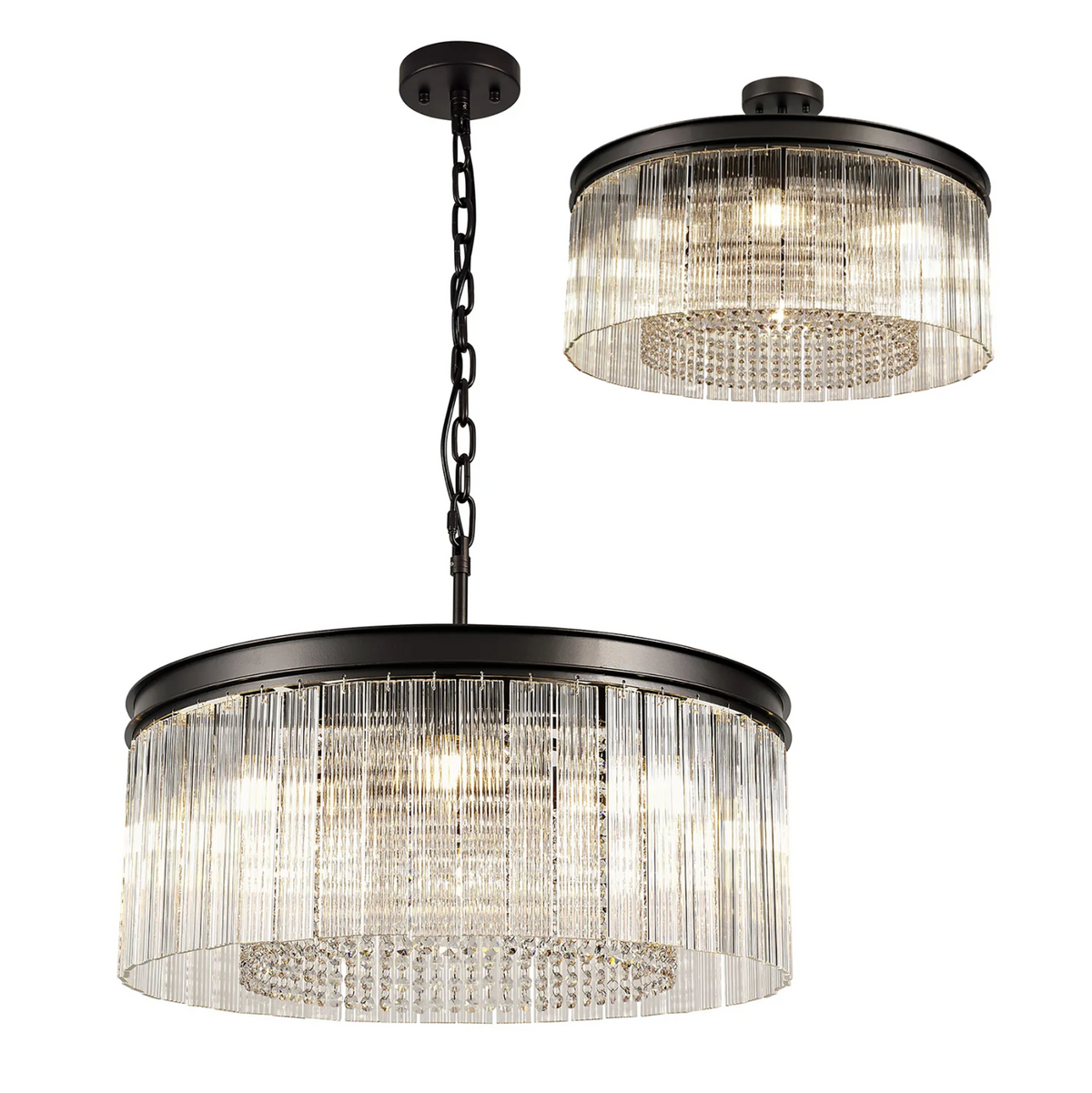 Beesands 600mm Pendant or Semi Flush in Brown Oxide with Clear Fluted Glass and Crystals