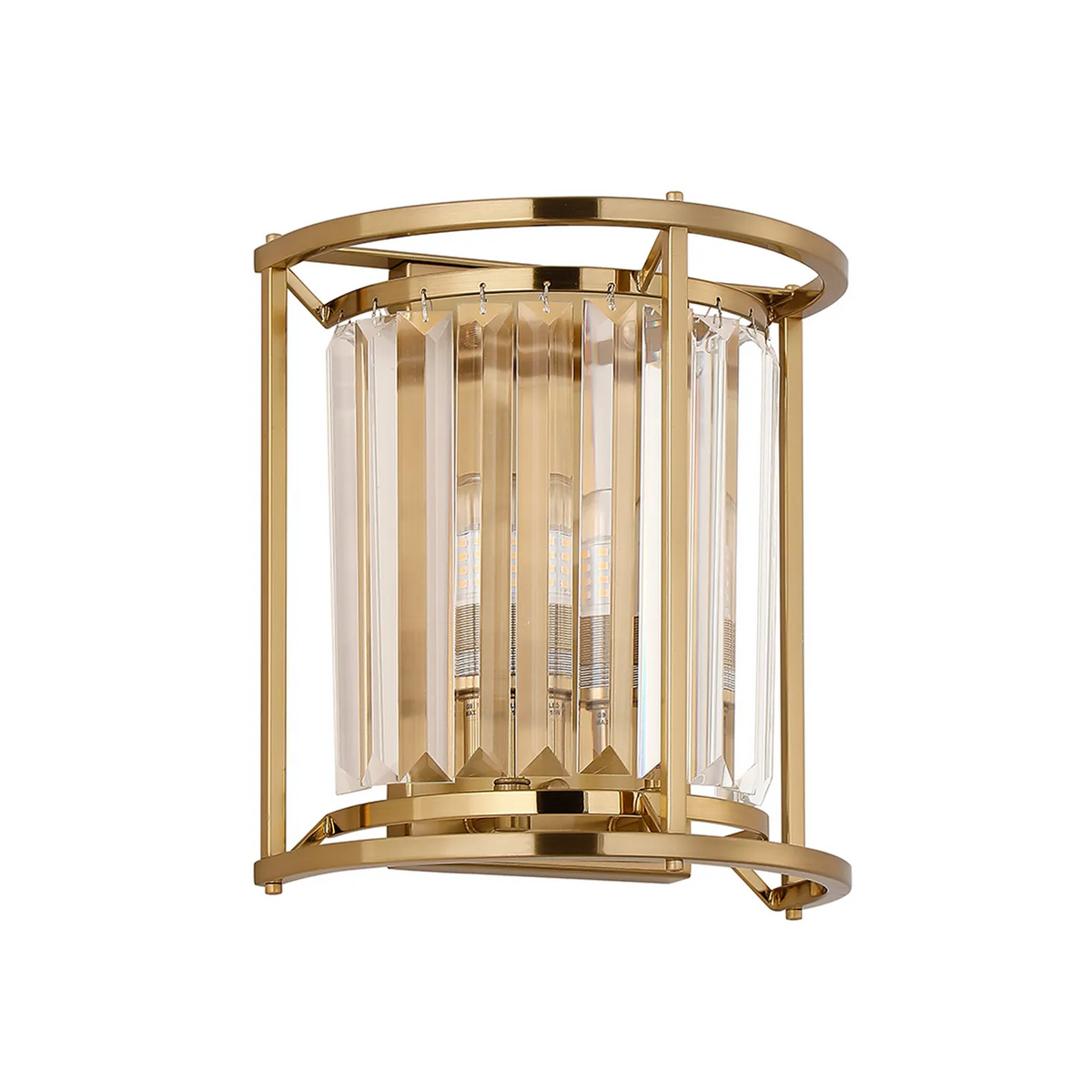 Gold wall sconce with clear rectangular crystal panels and two exposed bulbs