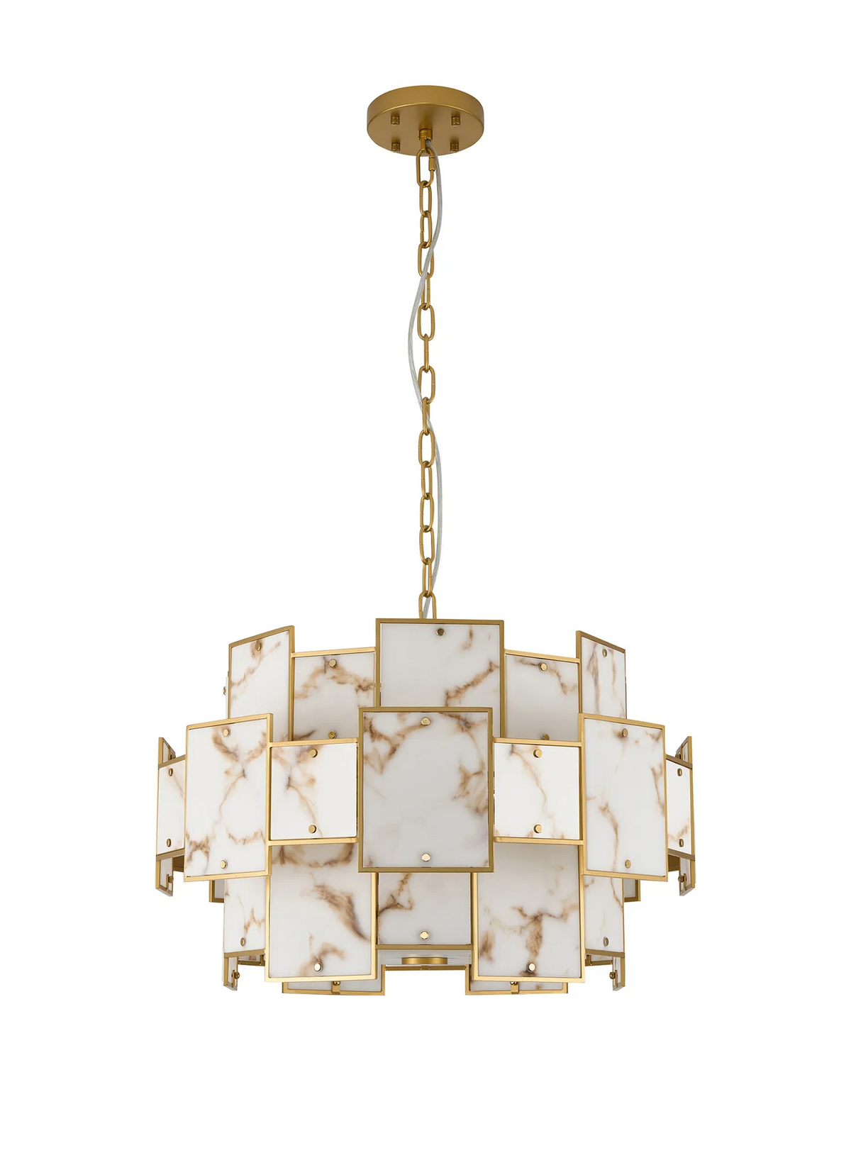 Gold chandelier with rectangular white marble panels