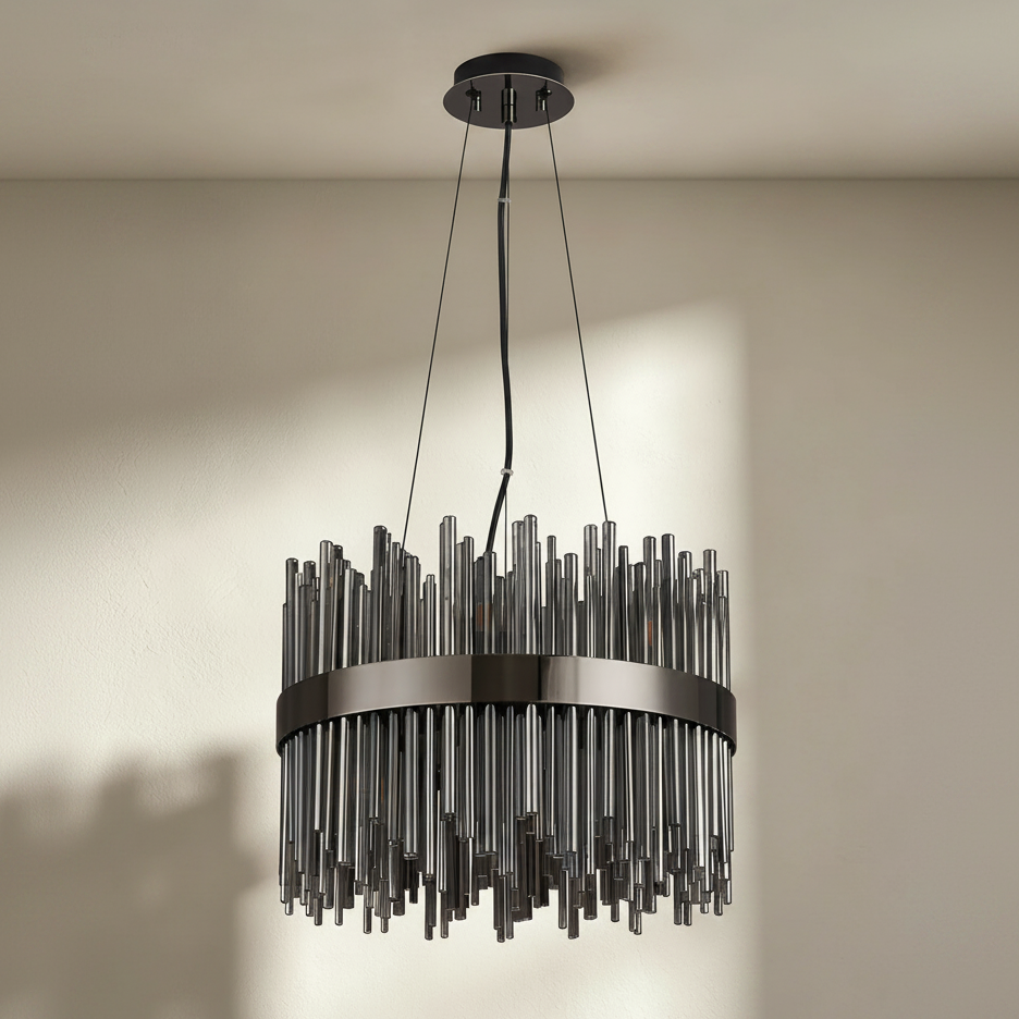 Round chandelier with dark metal frame and many vertical glass rods of varying lengths