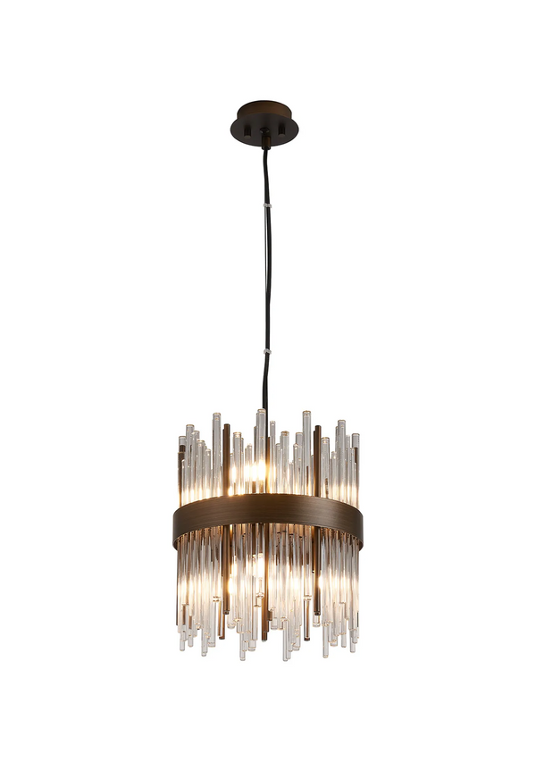 Cylindrical pendant light with bronze frame and clear glass rods