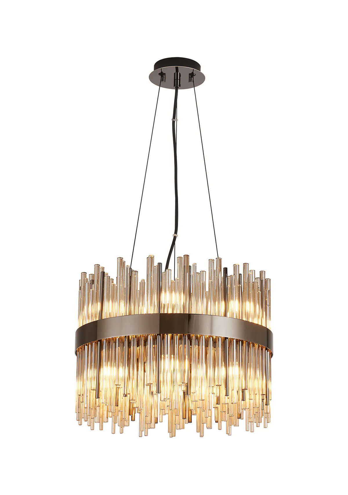Round chandelier with a dark metal band and multiple amber glass rods of varying lengths