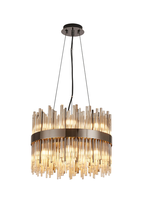 Round chandelier with a dark metal band and multiple amber glass rods of varying lengths