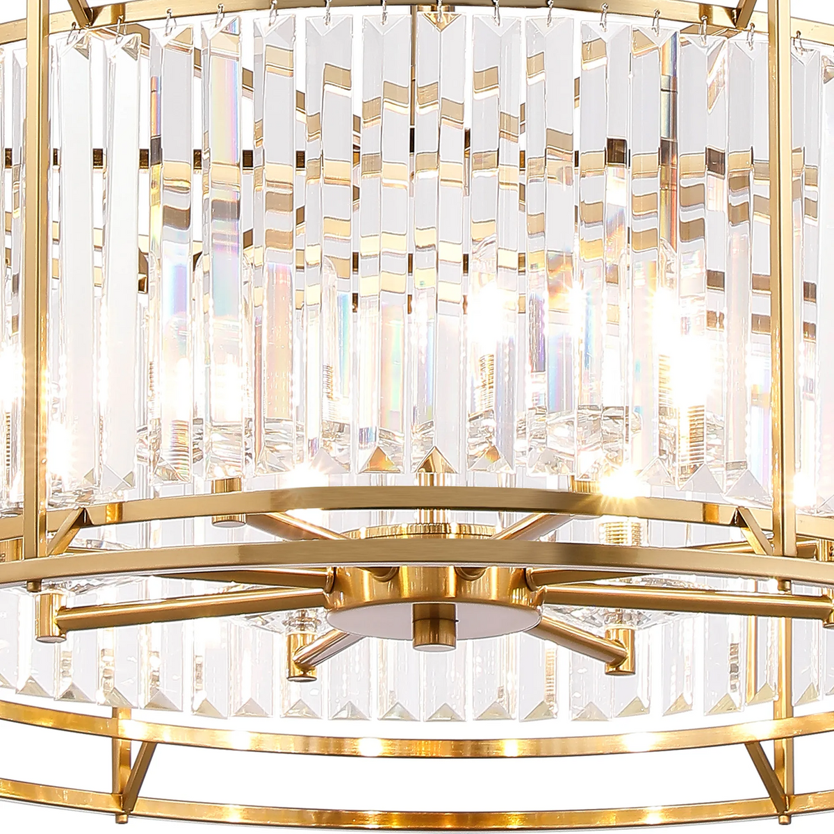 Close up of a gold chandelier with rectangular crystal accents