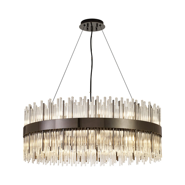 Round chandelier with a dark metal frame and multiple clear glass rods hanging down, illuminated from within